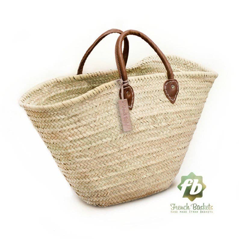 French Straw Market Bag with Classic Leather Handle, Handmade in Morocco