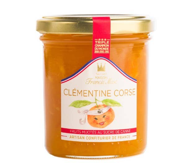 Jar of Clementine Corse jam with a gold lid and visible label on a white background