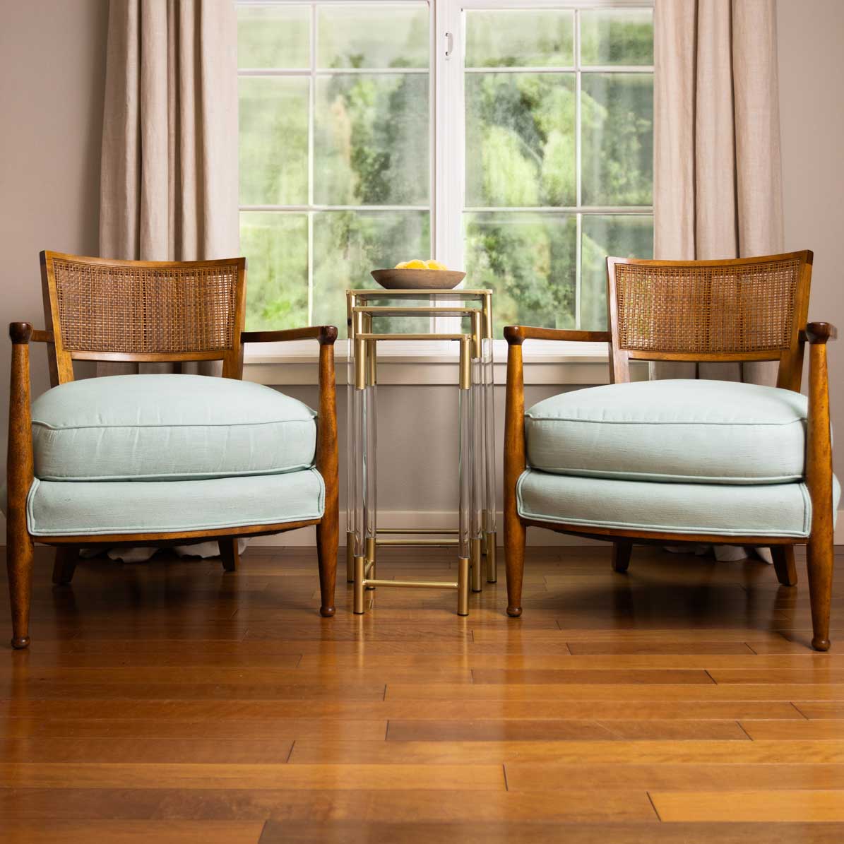 After Hans Wegner Scandinavian Club Chairs in Teak with Original Cane Backs and Klismos Arms