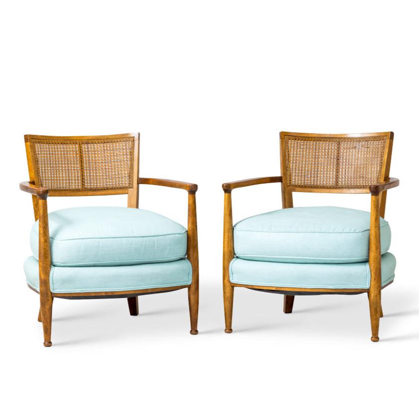 After Hans Wegner Scandinavian Club Chairs in Teak with Original Cane Backs and Klismos Arms