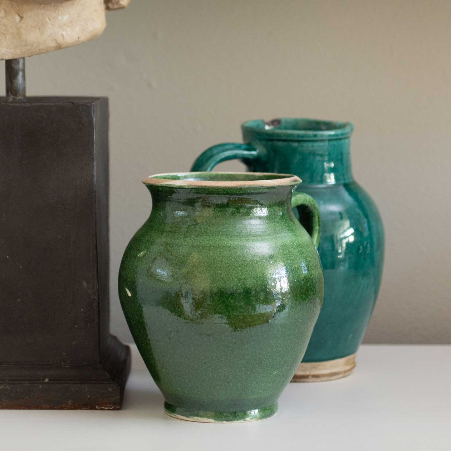 French Green Glazed Pitchers | Antique & Handmade Pottery | Trouver