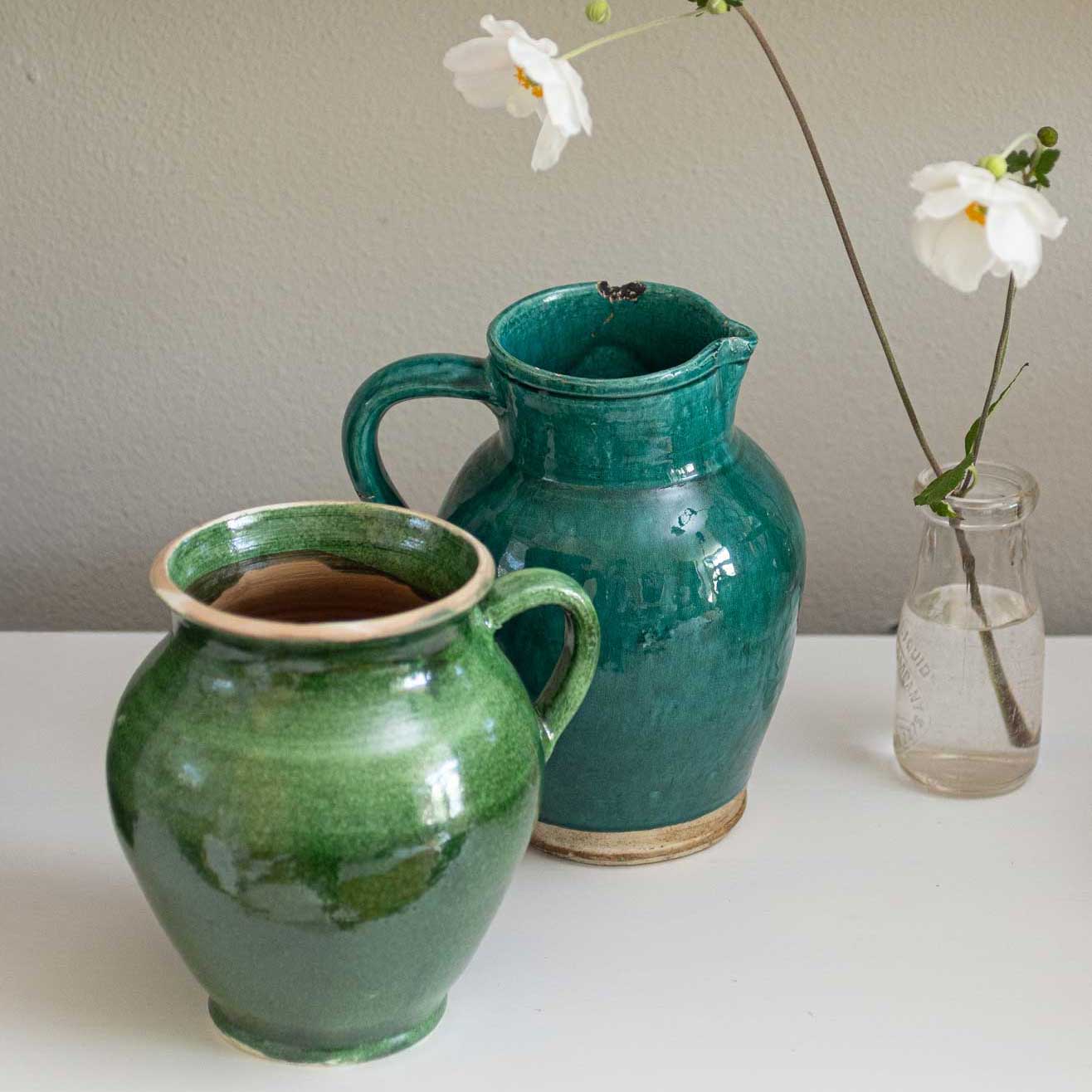 French Green Glazed Pitchers | Antique & Handmade Pottery | Trouver