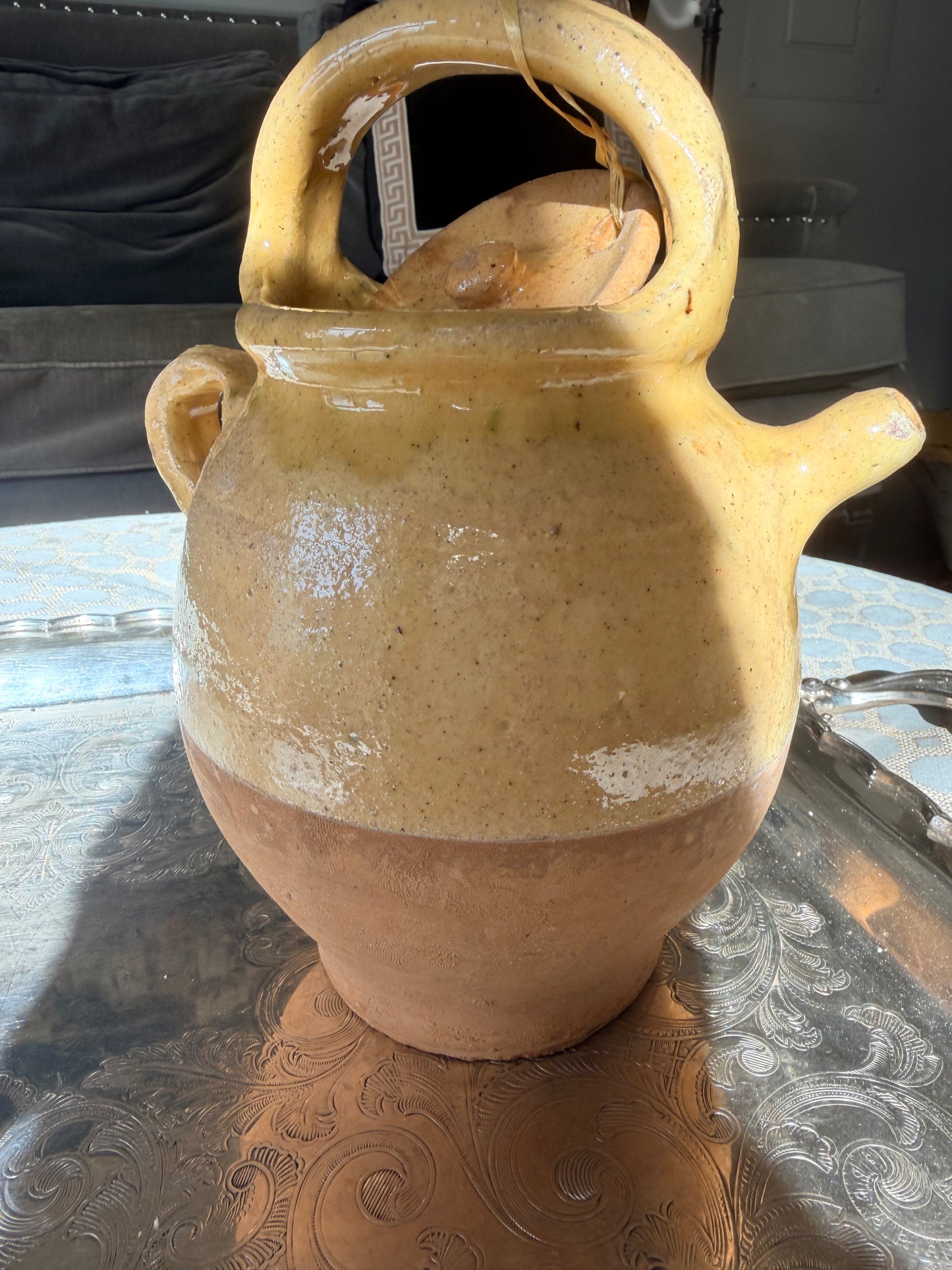 Antique French mustard glazed medium or small water pitcher and yellow-glazed pottery
