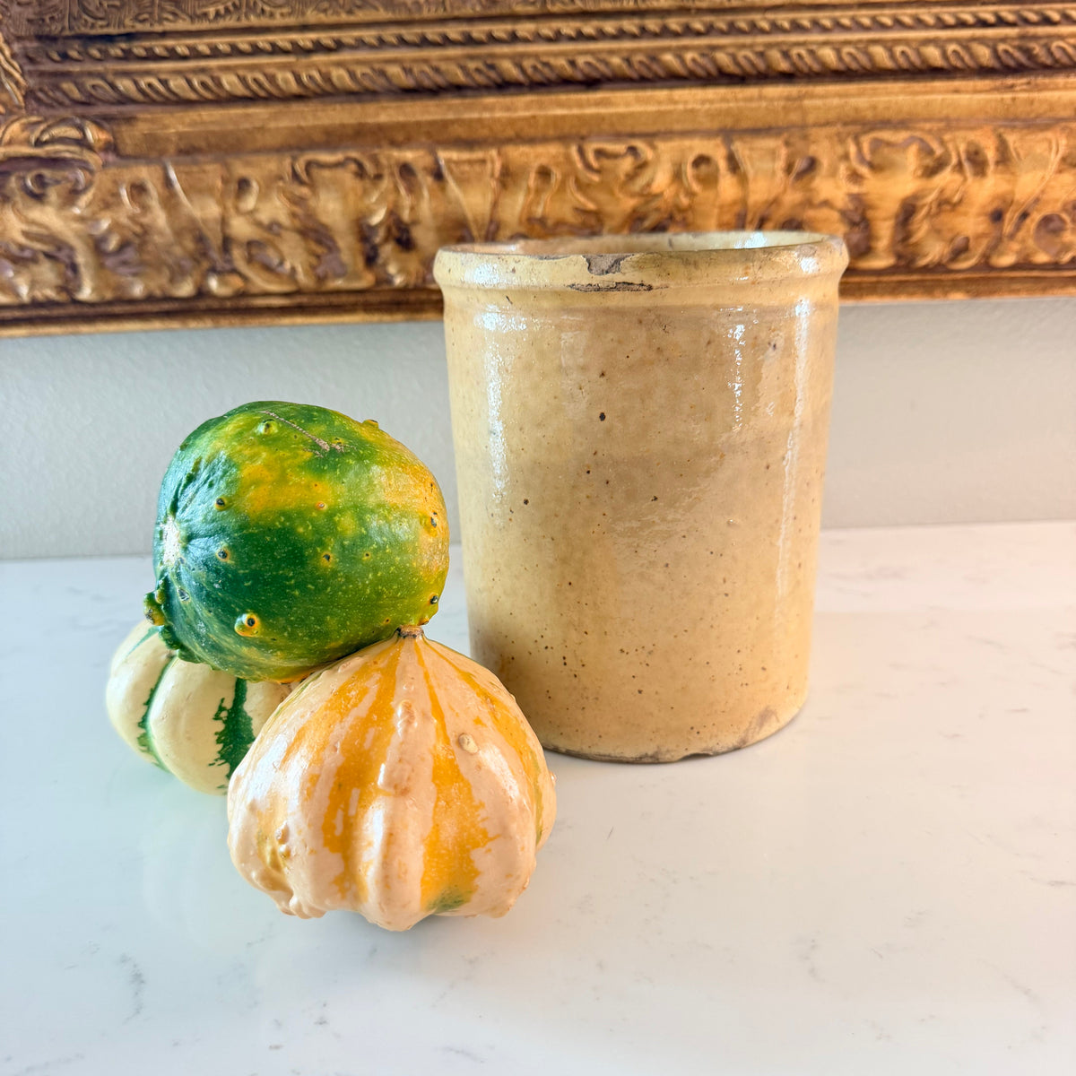 Rare, yellow-glazed antique confit pot brings the warm beauty of traditional southern French glazed pottery to any home, kitchen or table.