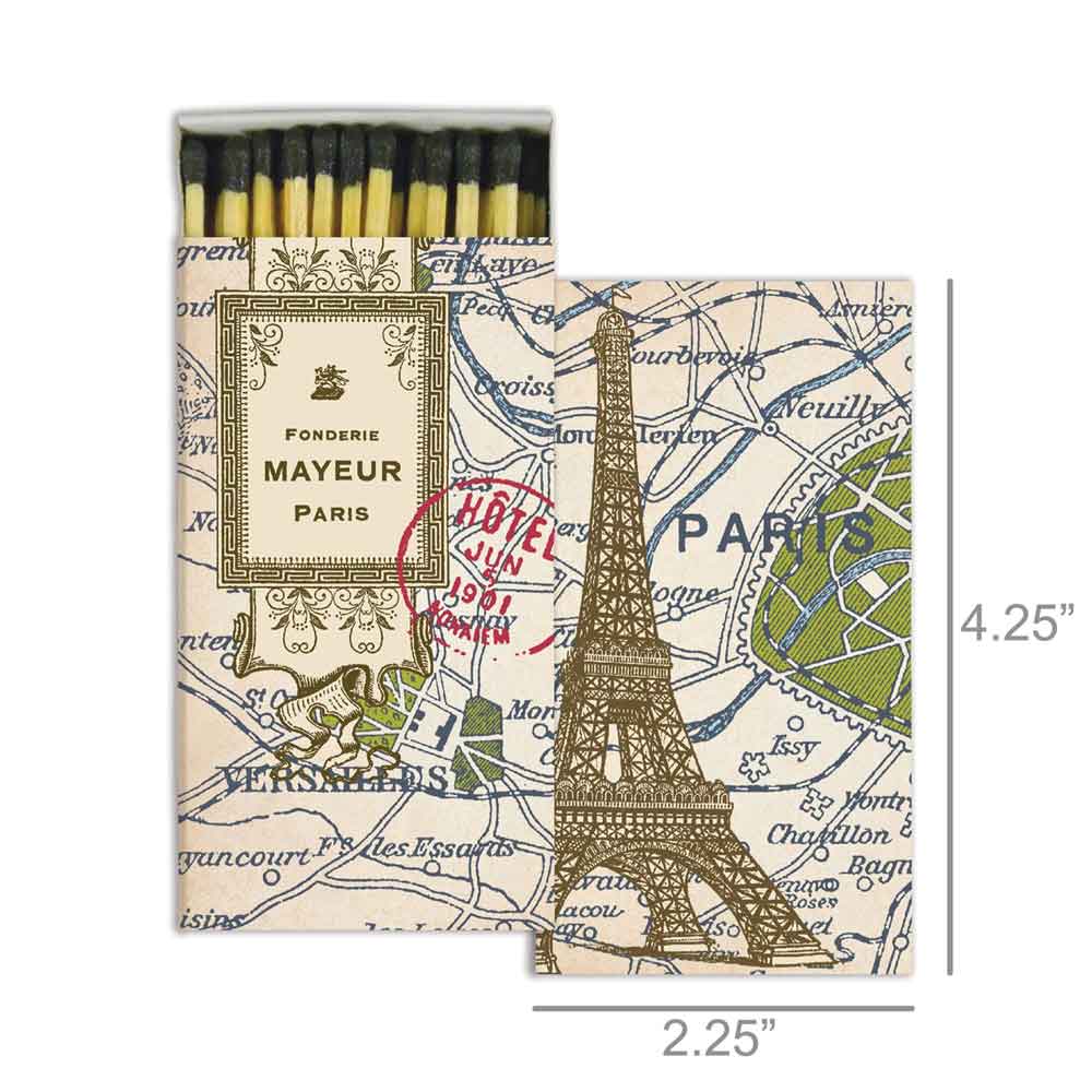 Matchbox with Eiffel Tower design and Paris map, featuring Fonderie Mayeur Paris branding.