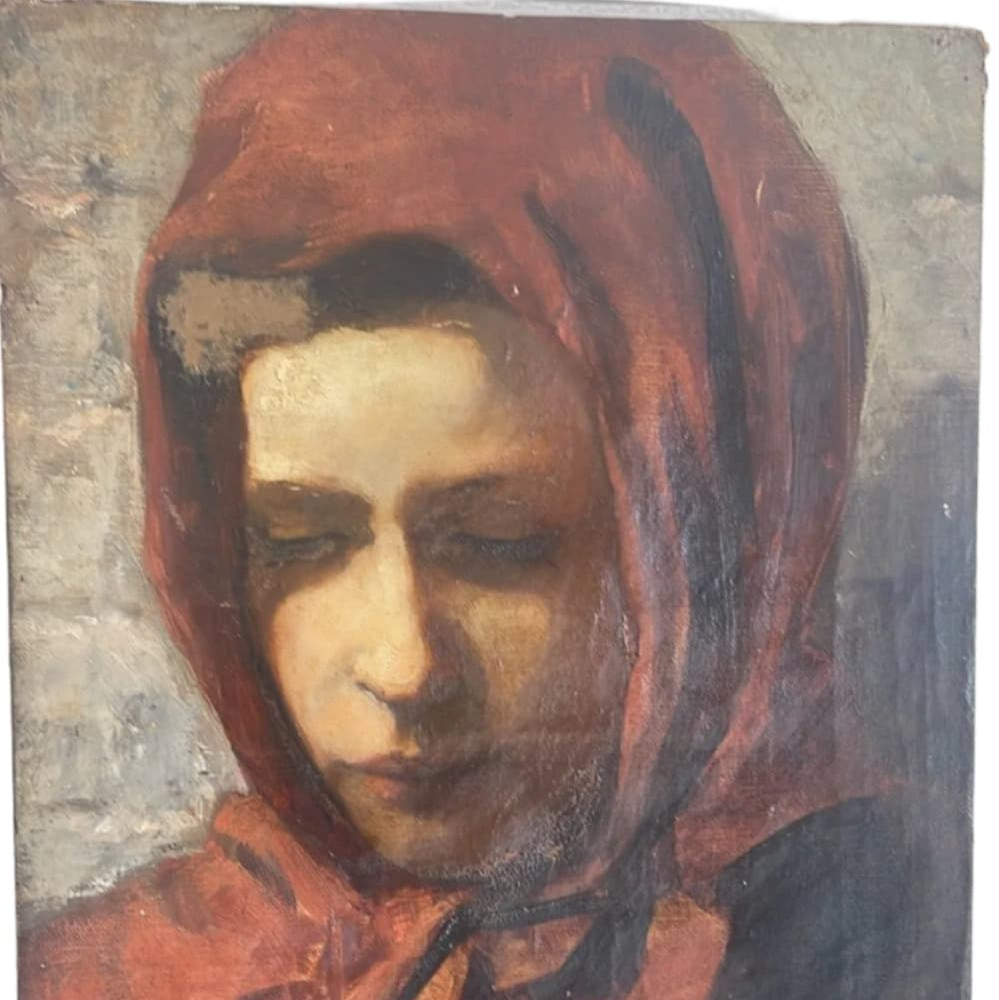 Portrait of Woman in Red | Antique Oil Painting | Trouver