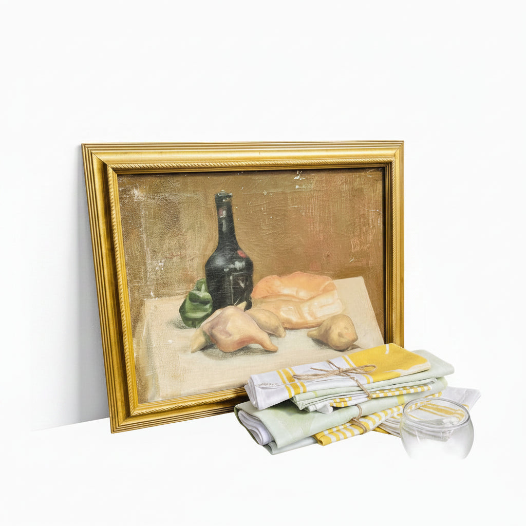 Framed still life painting with a bottle and bread on a tablecloth.