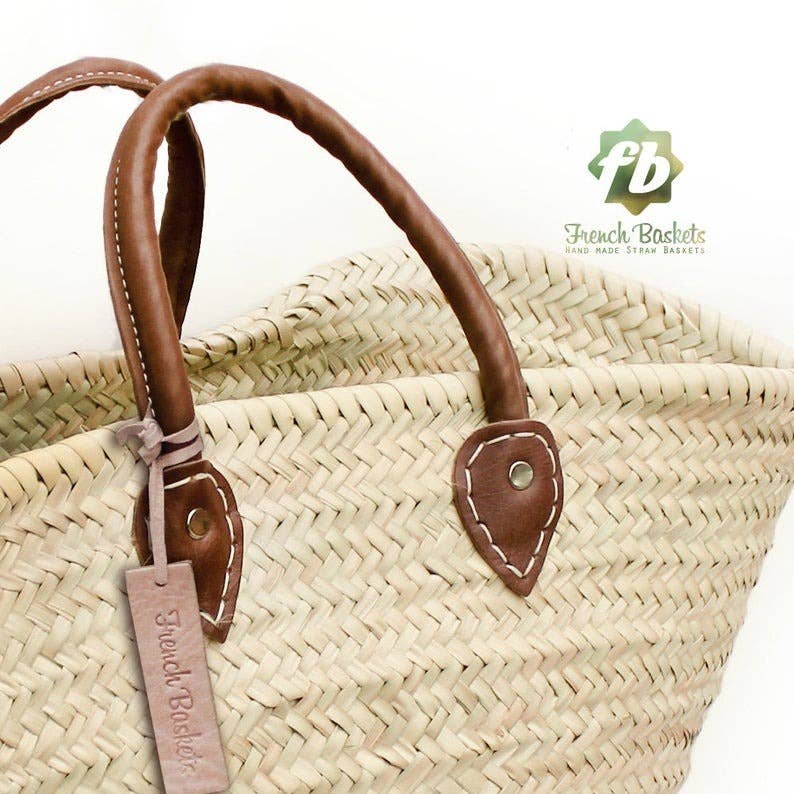 French Straw Market Bag with Classic Leather Handle, Handmade in Morocco