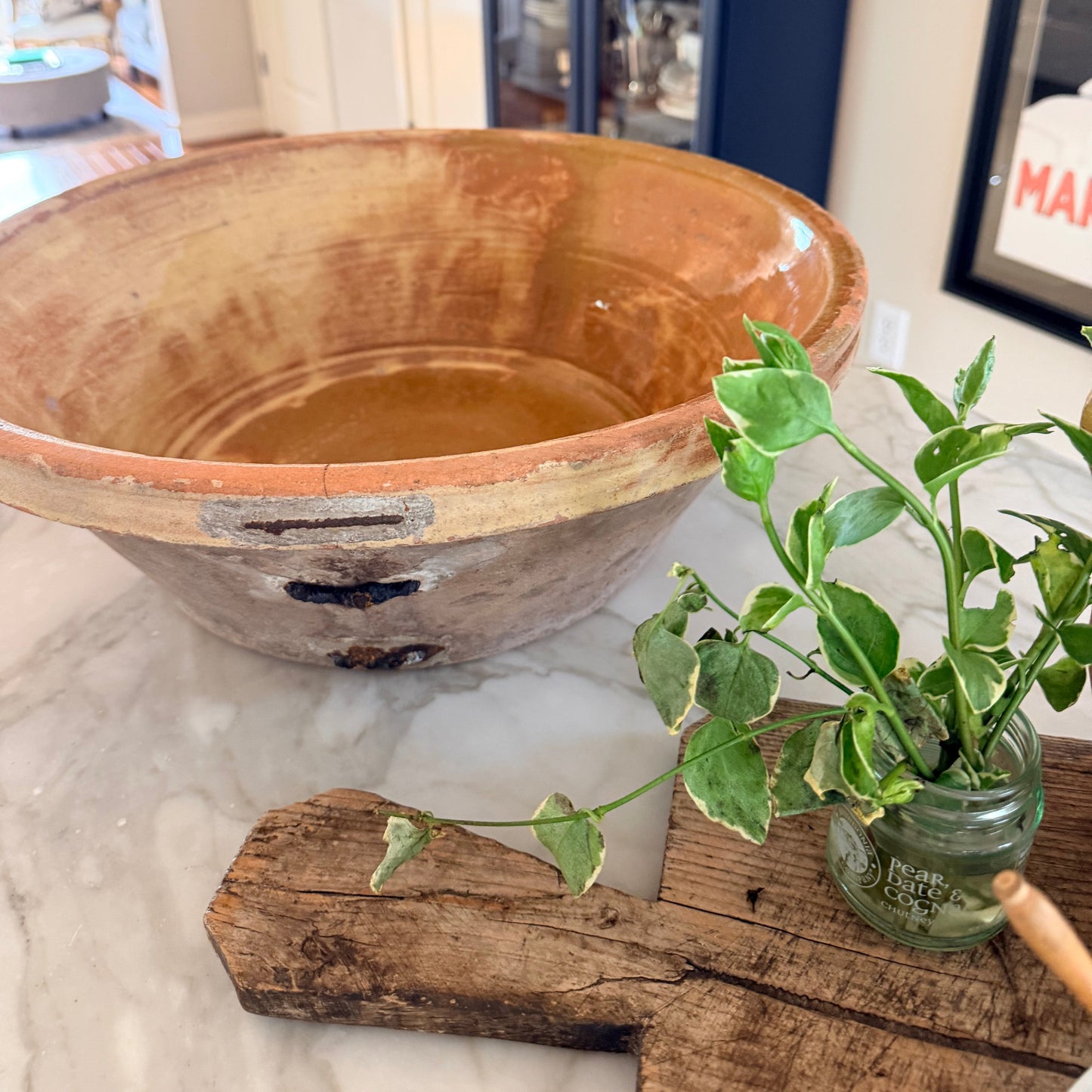 Antique French yellow glazed tian, Large