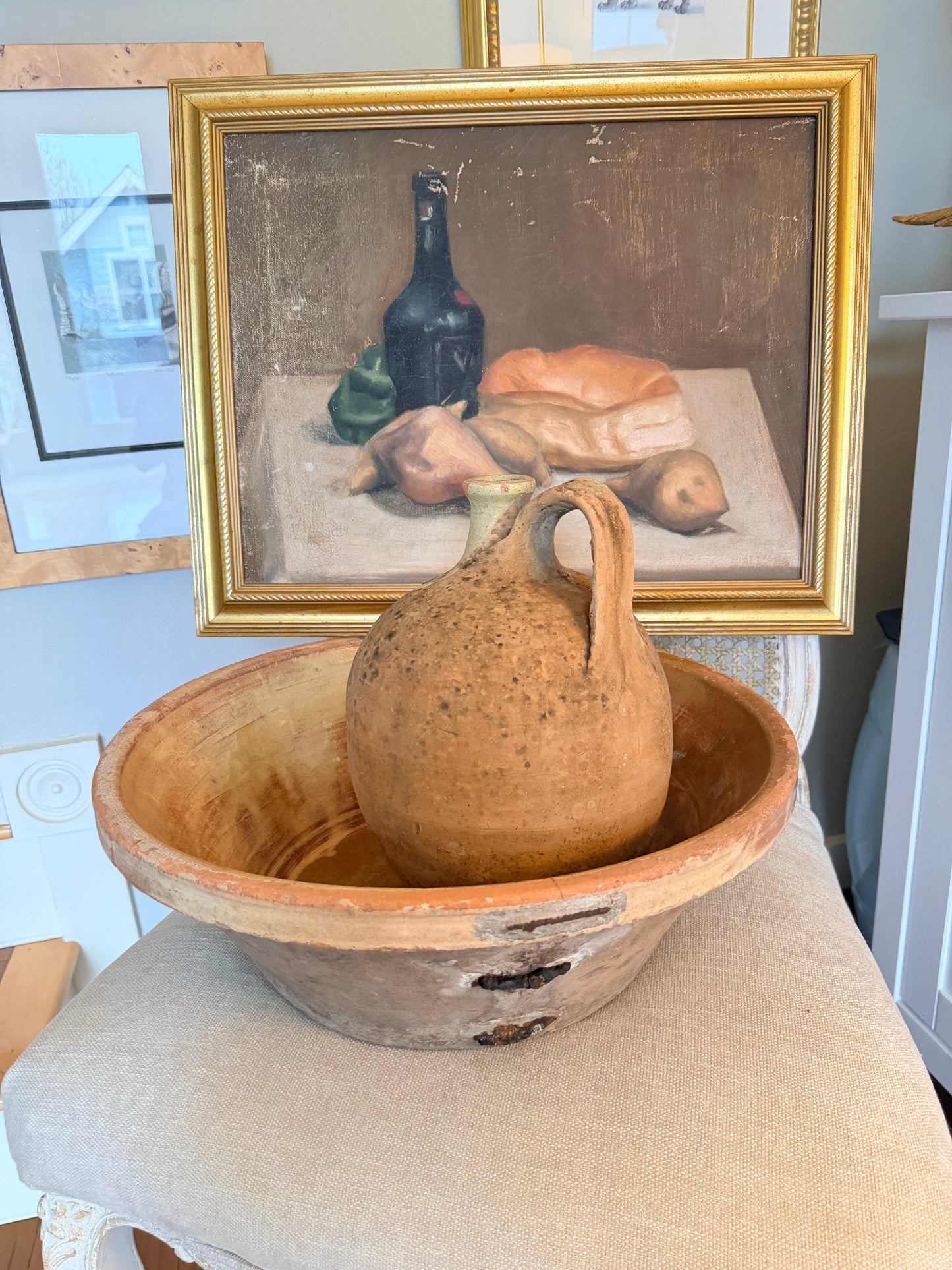 Antique French yellow glazed tian, Large