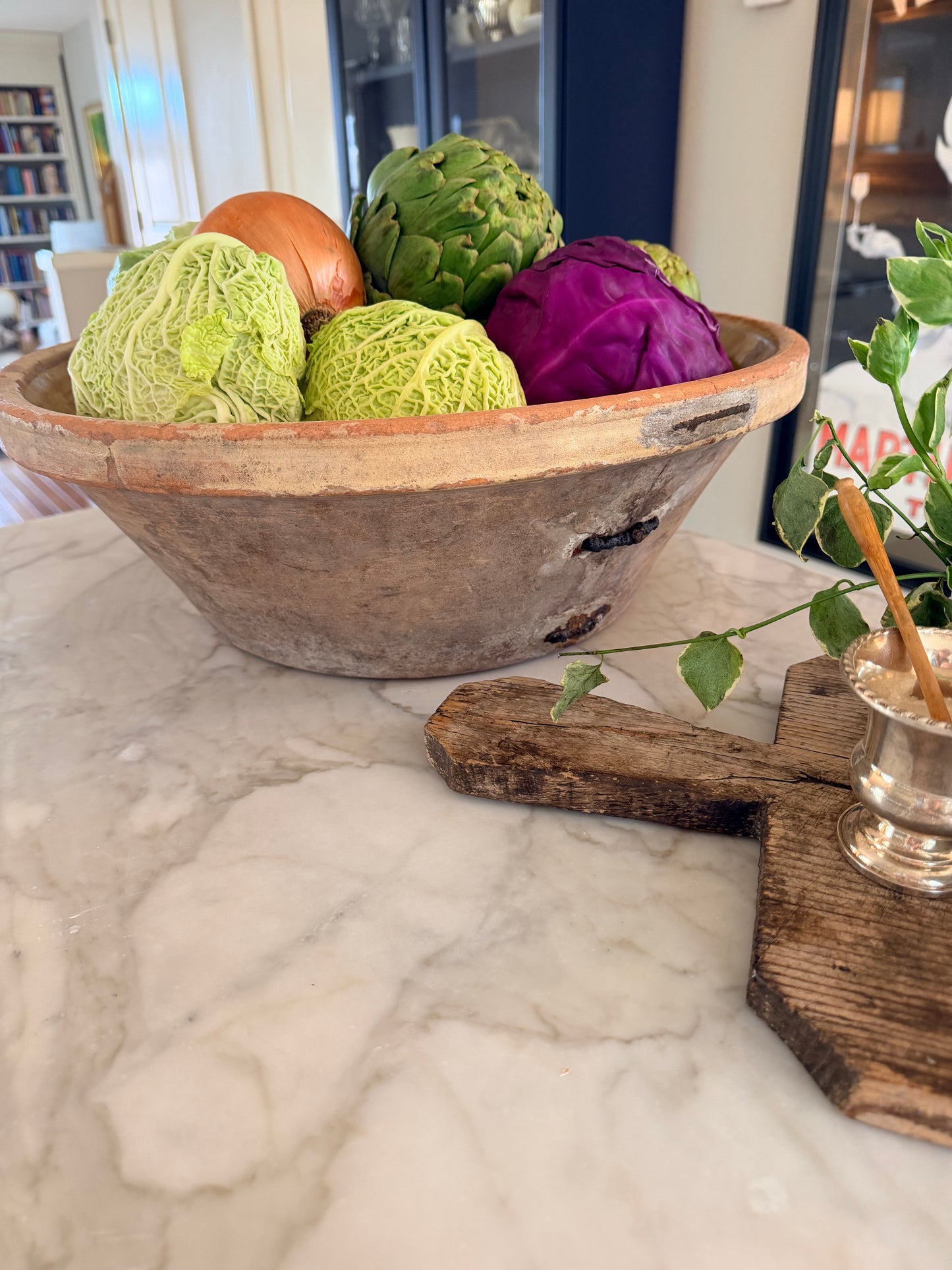 Antique French yellow glazed tian, Large