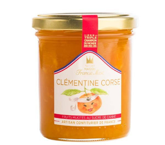 Jar of Clementine Corse jam with a gold lid and visible label on a white background