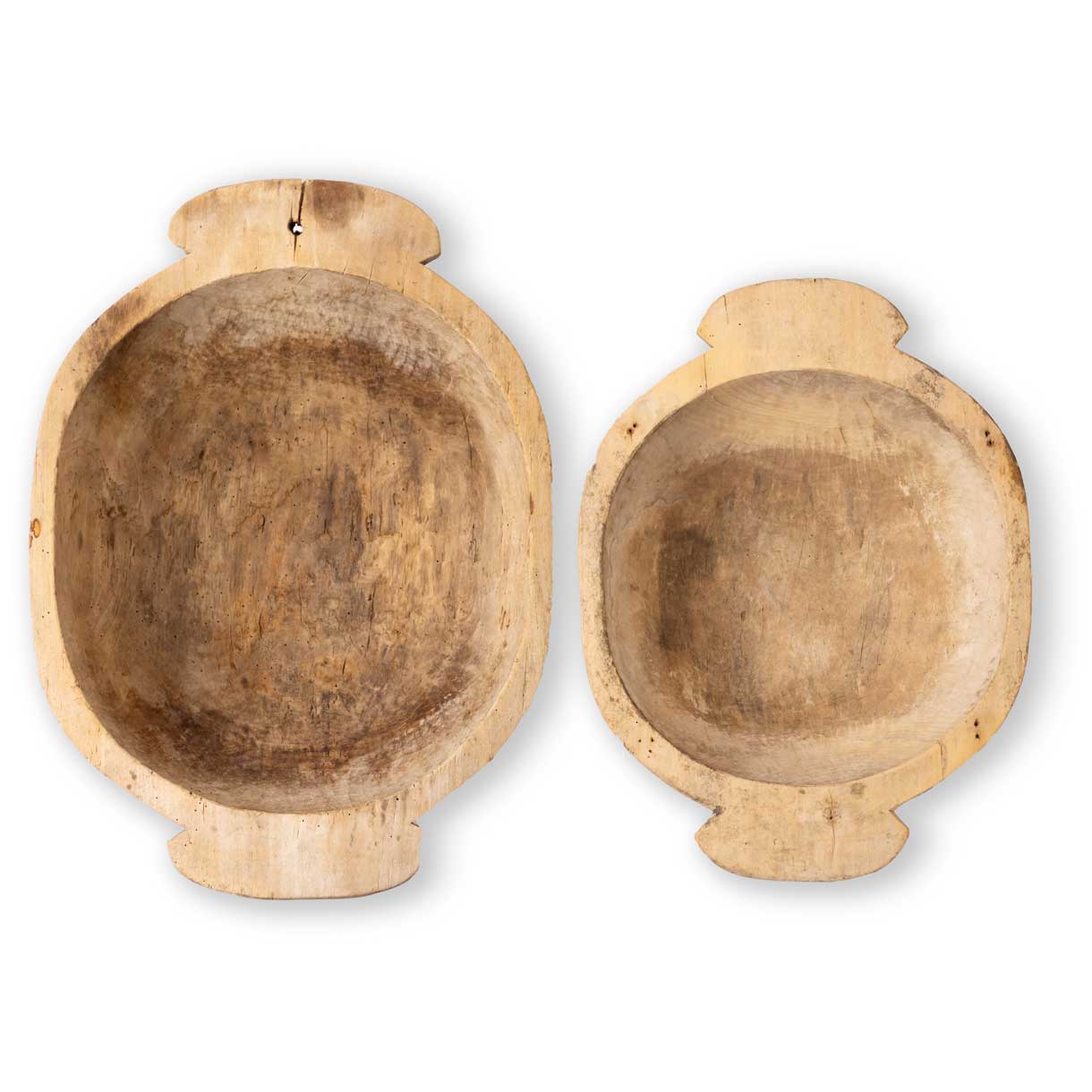 Two wooden bowls on a white background