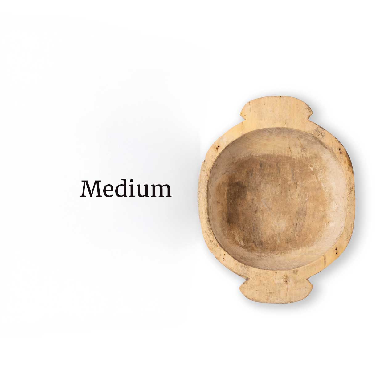 Wooden bowl labeled 'Medium' on a white background