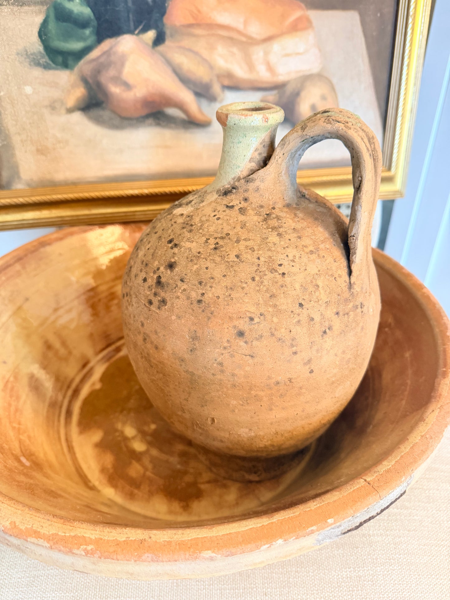 French antique rustic stoneware pitcher