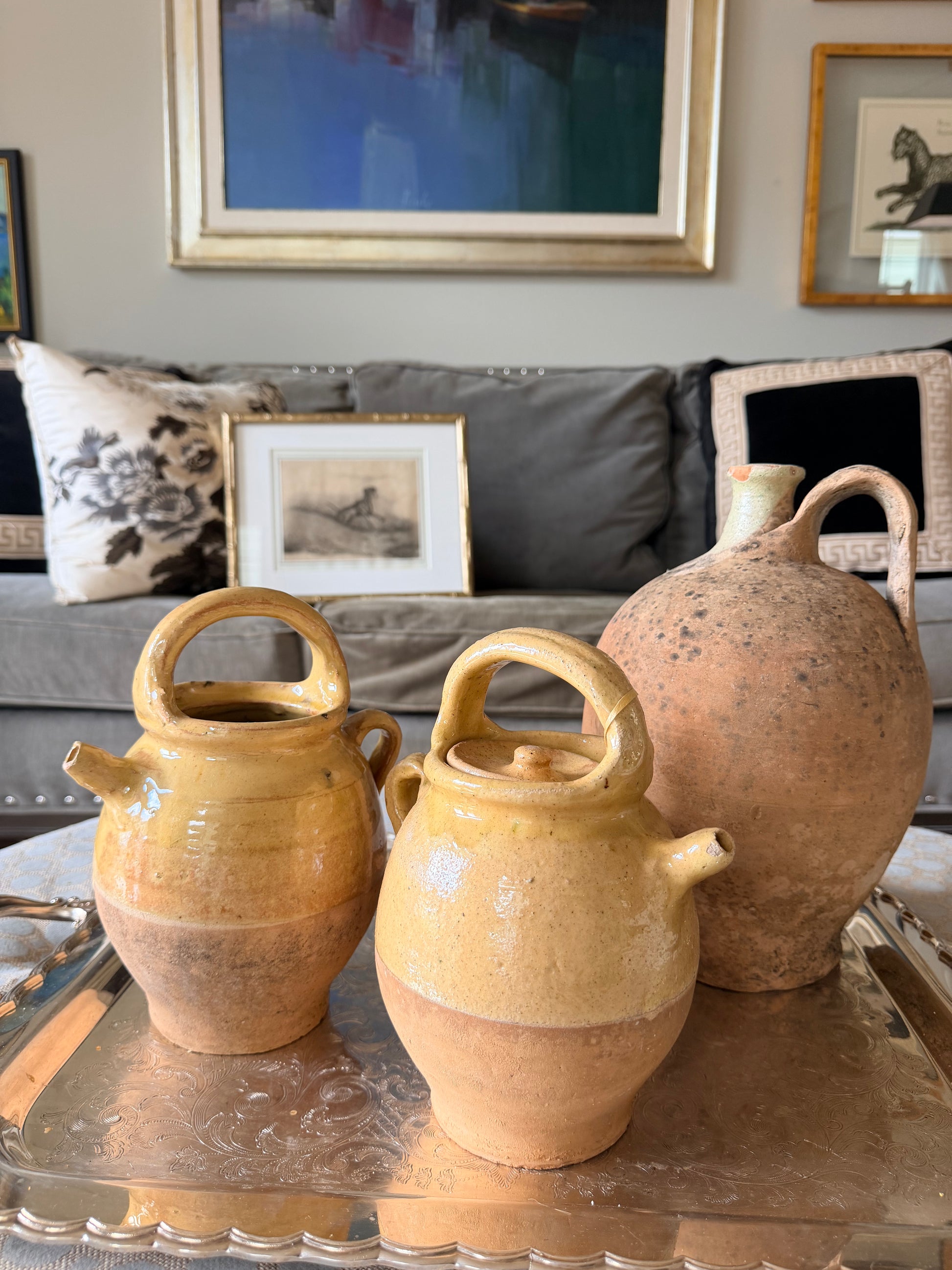 French antique rustic stoneware pitcher