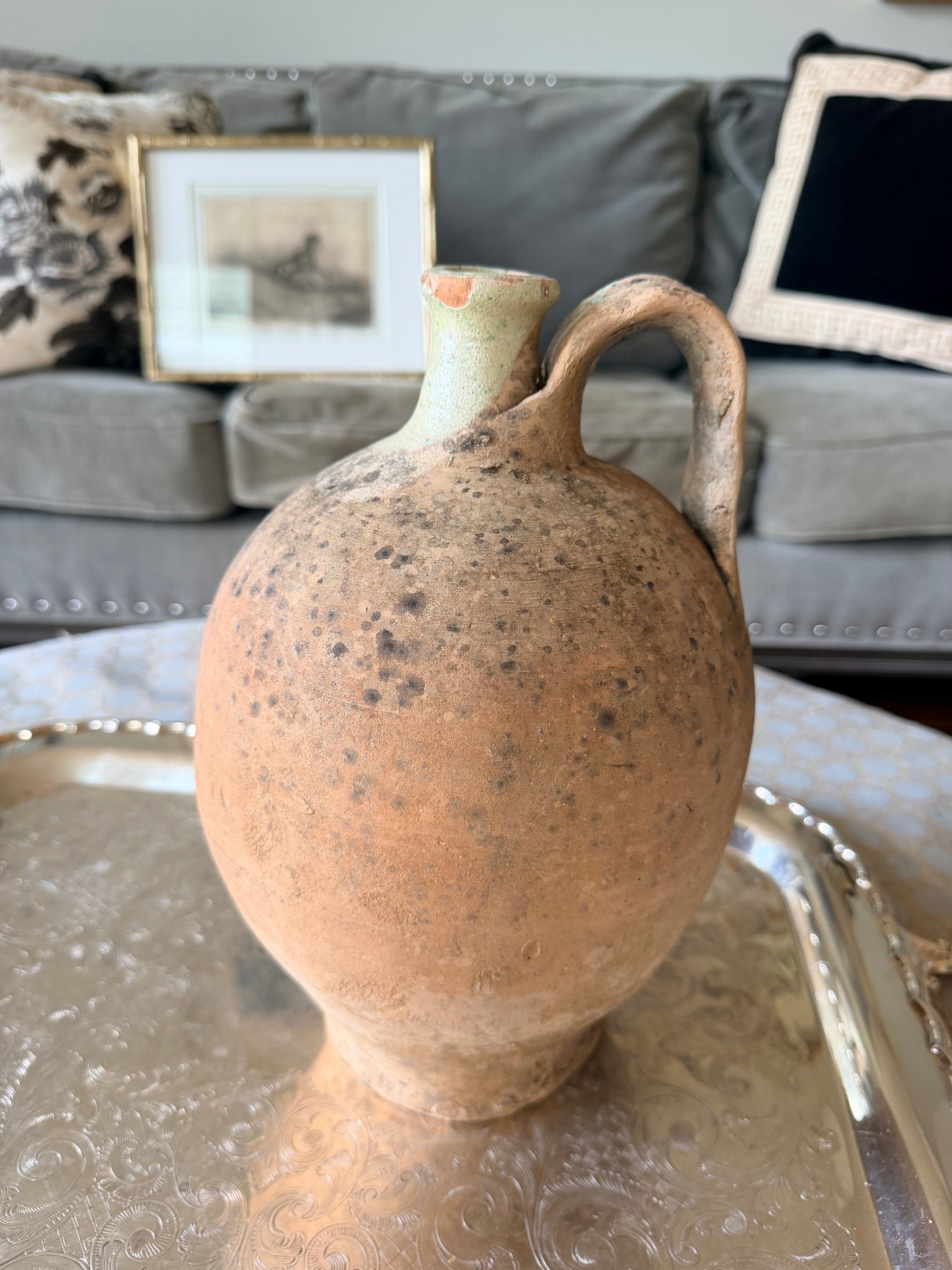 French antique rustic stoneware pitcher