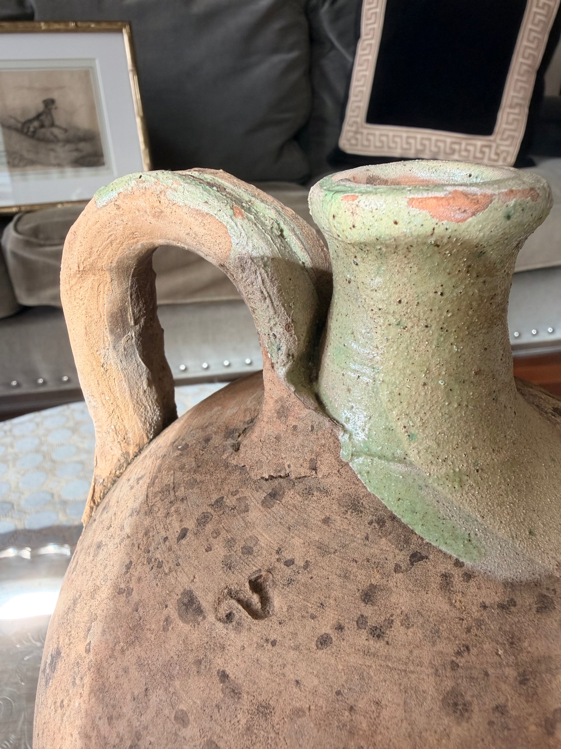 French antique rustic stoneware pitcher