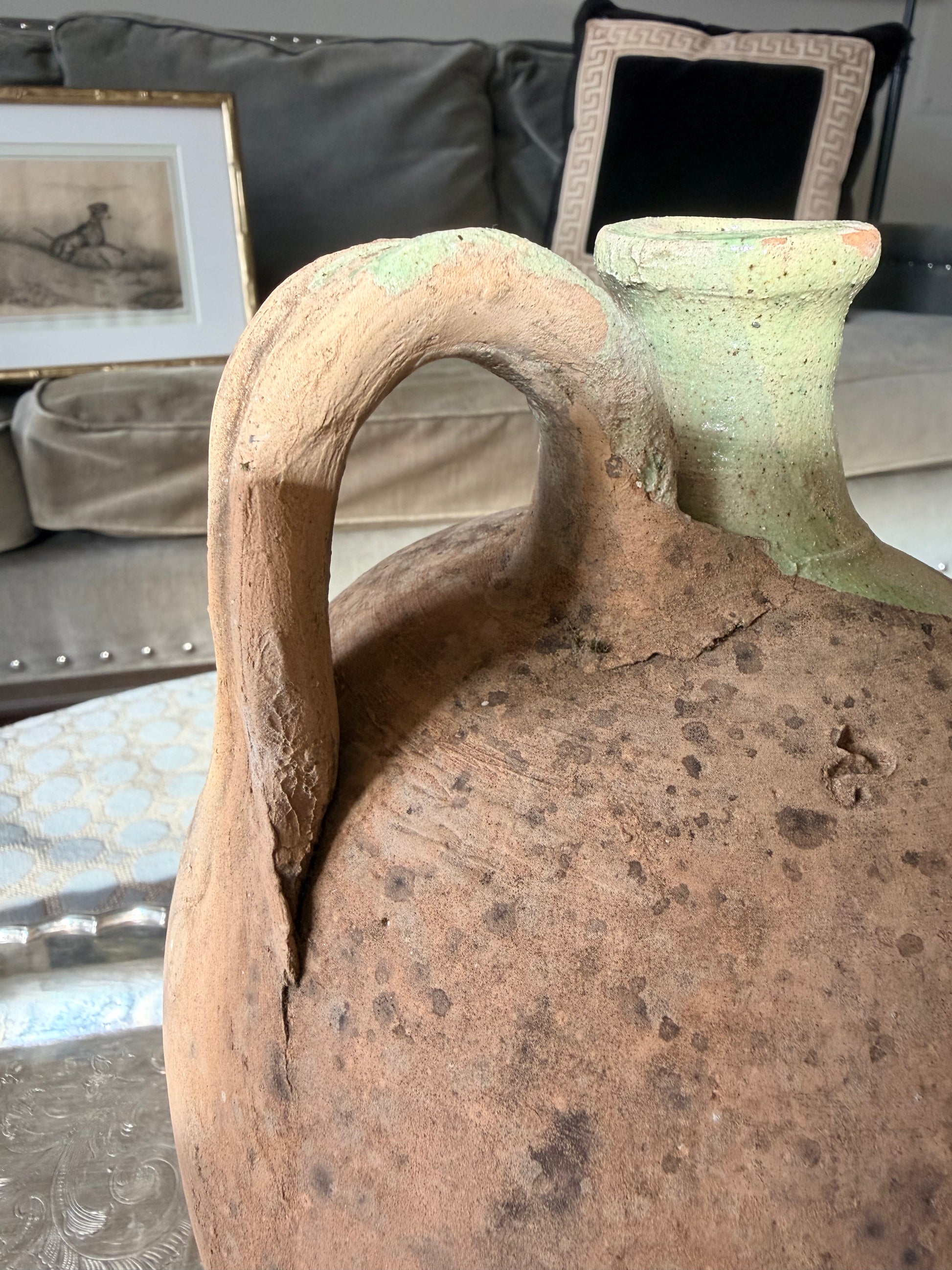 French antique rustic stoneware pitcher