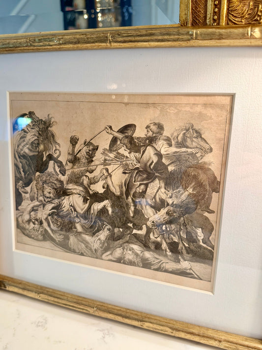 After Rubens' Chasse au Lion, Engraving by Malbeste c. late 1700's