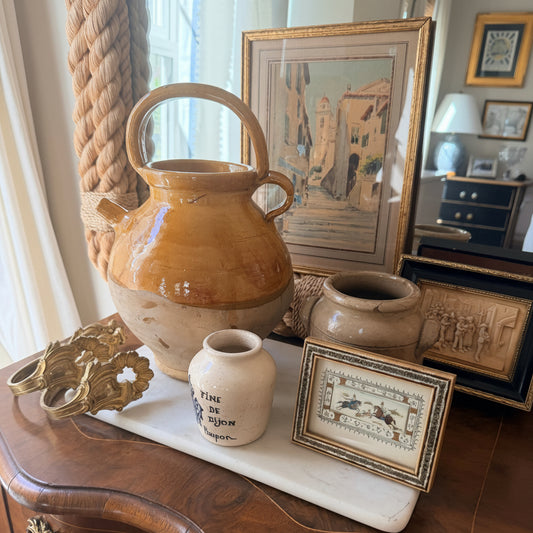 Antique French mustard glazed medium or small water pitcher and yellow-glazed pottery