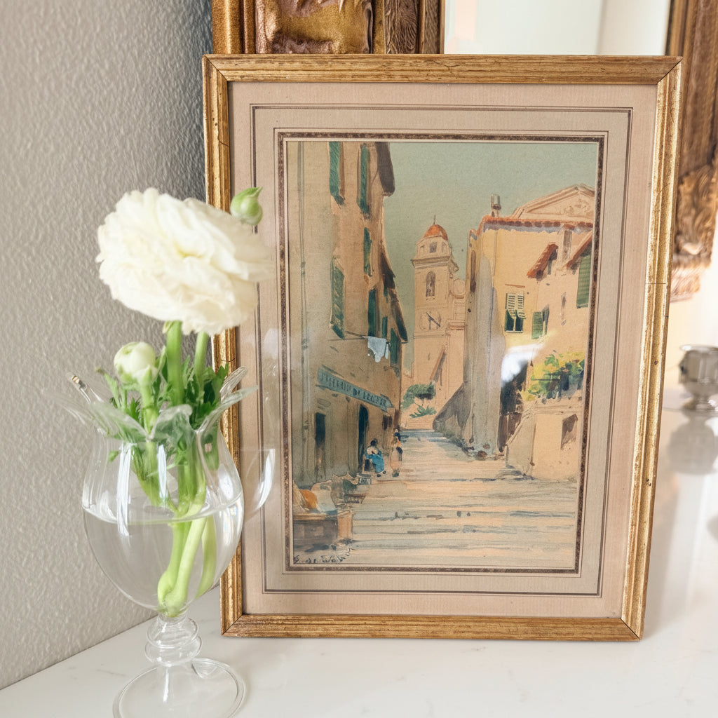 Antique Watercolor of French Mediterranean Town c. 1910