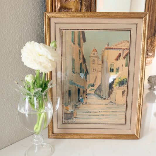 Antique Watercolor of French Mediterranean Town c. 1910