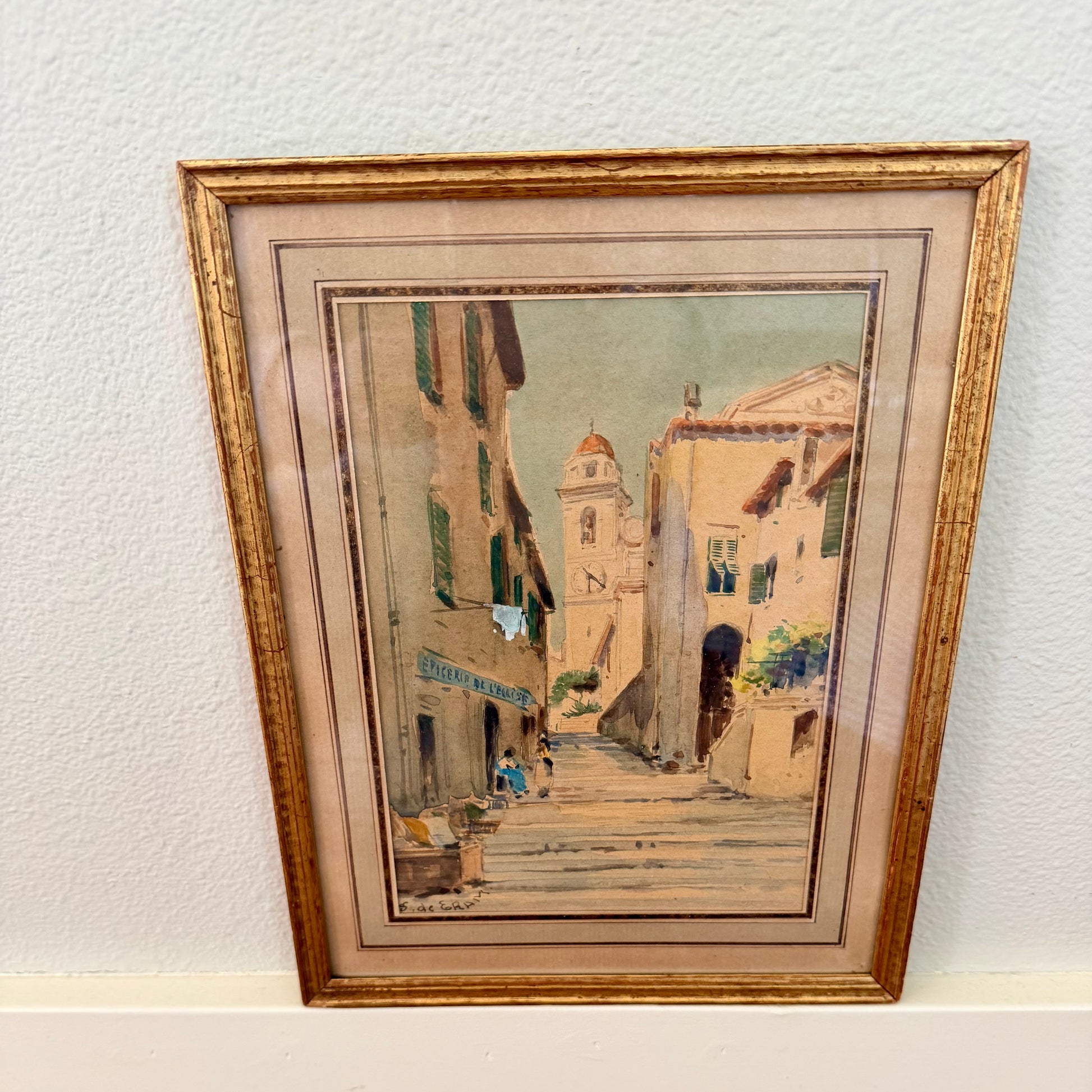 Antique Watercolor of French Mediterranean Town c. 1910