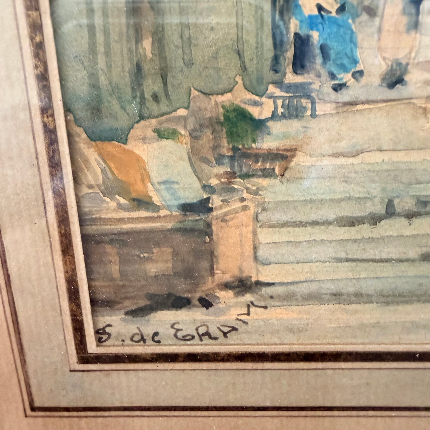 Antique Watercolor of French Mediterranean Town c. 1910