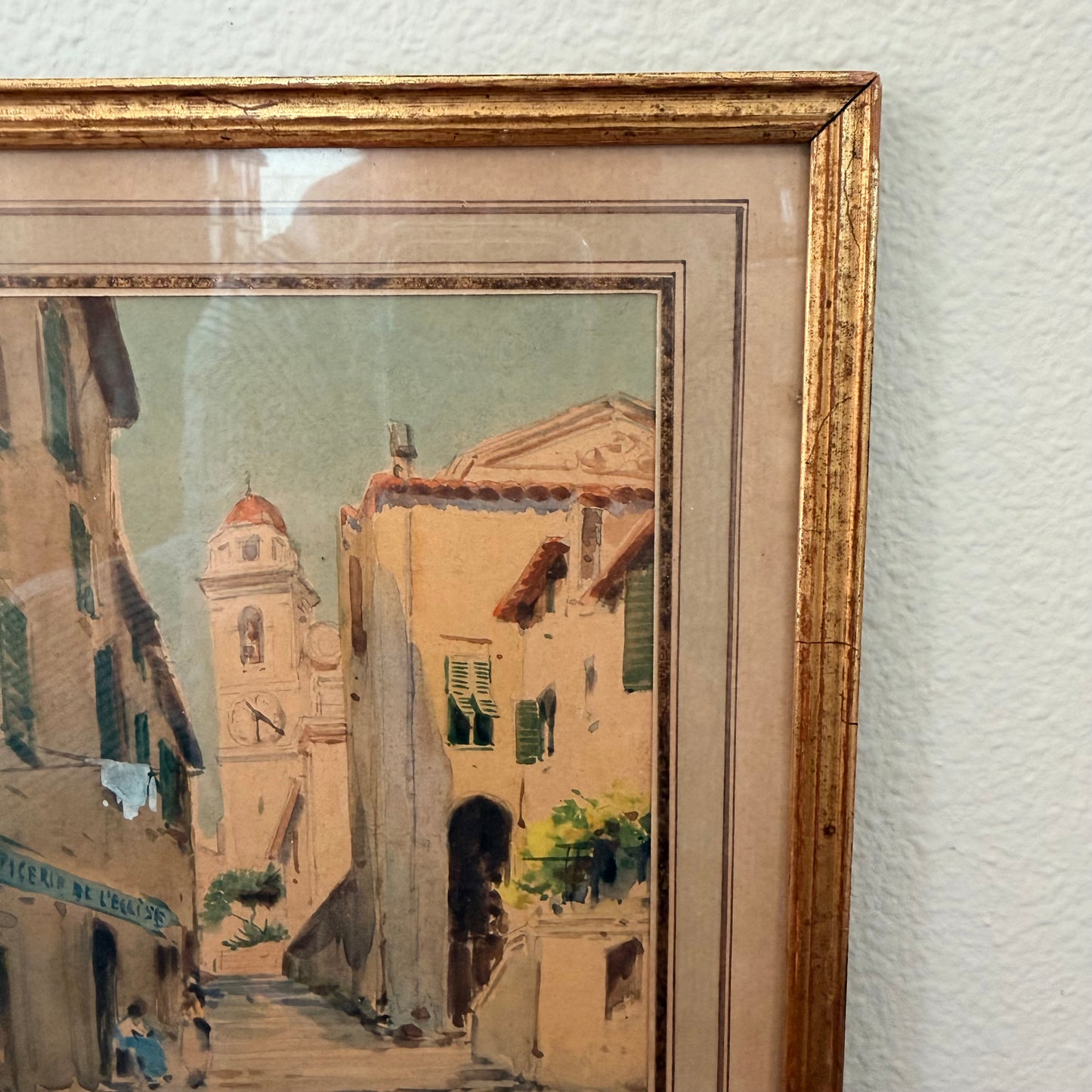 Antique Watercolor of French Mediterranean Town c. 1910