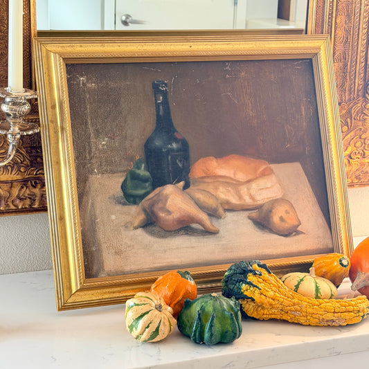 Still life French antique oil painting of fall harvest impressionist movement