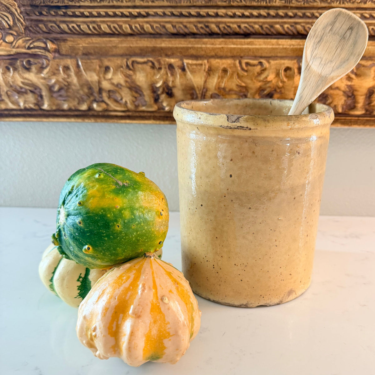 Rare, yellow-glazed antique confit pot brings the warm beauty of traditional southern French glazed pottery to any home, kitchen or table.