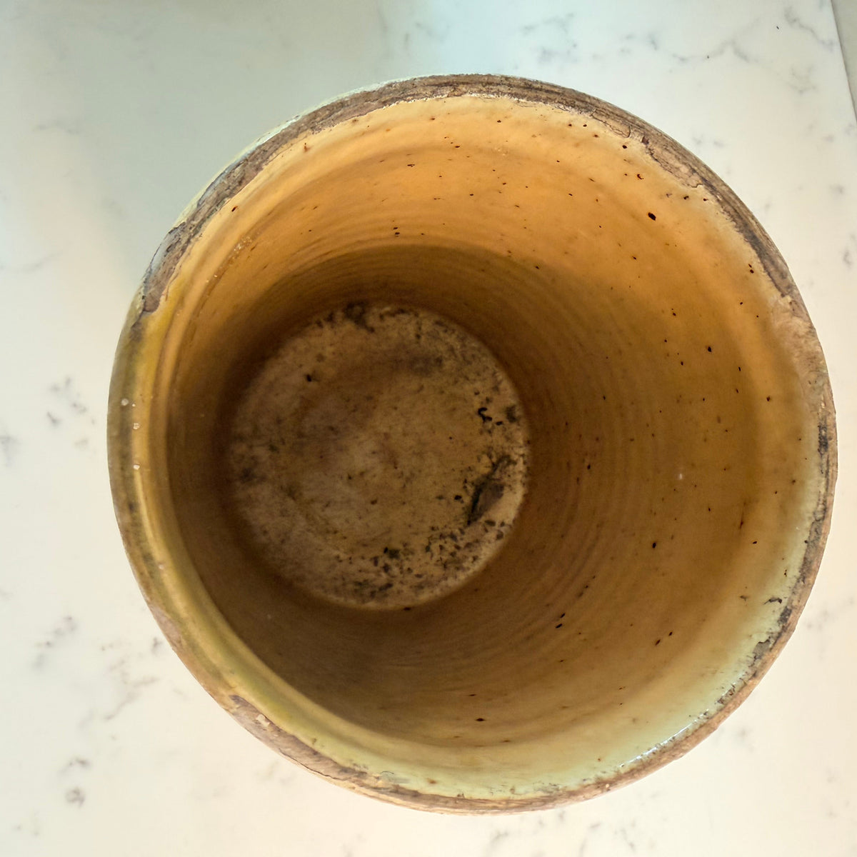 Rare, yellow-glazed antique confit pot brings the warm beauty of traditional southern French glazed pottery to any home, kitchen or table.