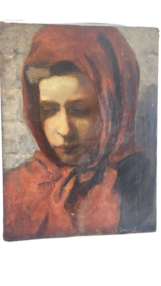 Portrait of Women in Red, Oil on Canvas by F. Gogo c. late 1800's