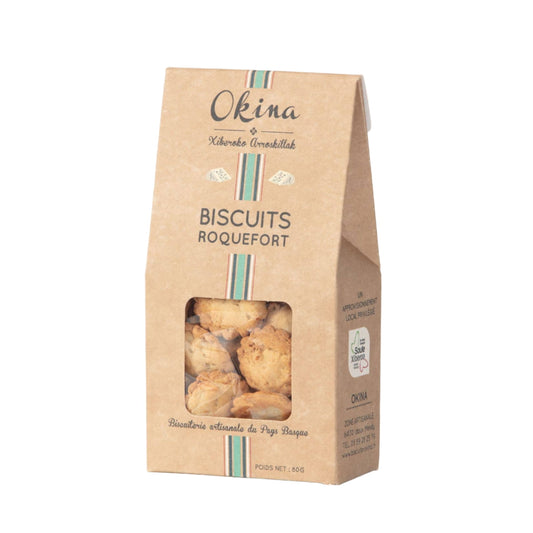 Packaged biscuits with 'Okina' branding on a white background