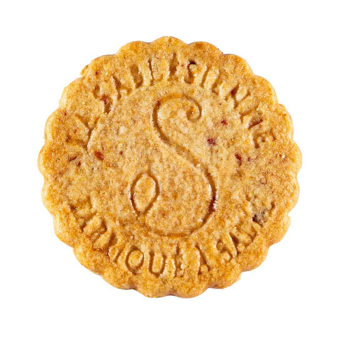 Round cookie with a logo and text on a white background