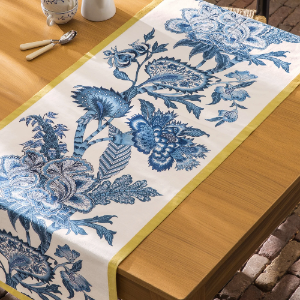 French Cotton Table Runner From France Blue and Gold
