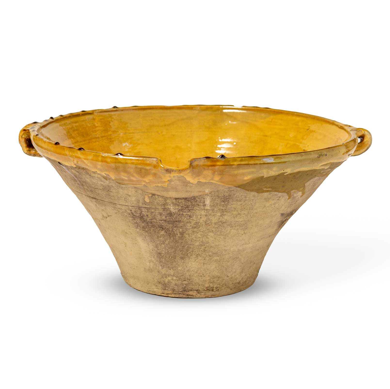 Yellow ceramic bowl with handles on a white background