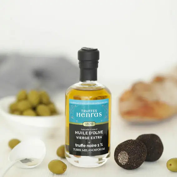 Luxury truffle lovers gift box featuring Maison Henras truffle and artichoke tuber melanosporum spread, Truffle Oil, truffle pieces, truffle salt.  Trouver French Gourmet
