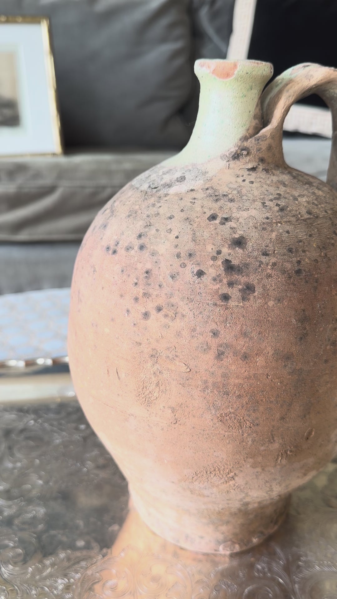 French antique rustic stoneware pitcher