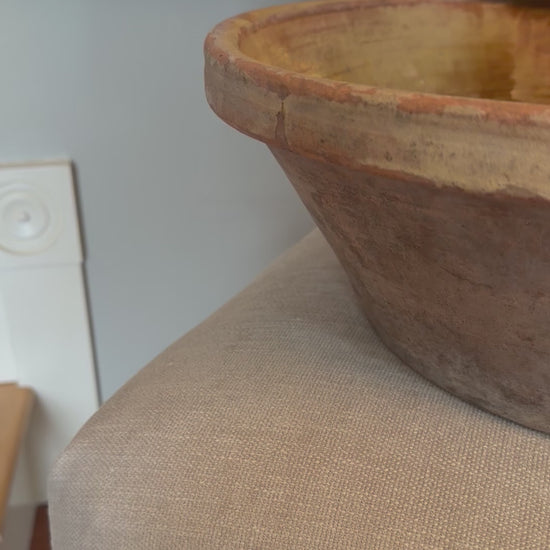 Antique French yellow glazed tian, Large