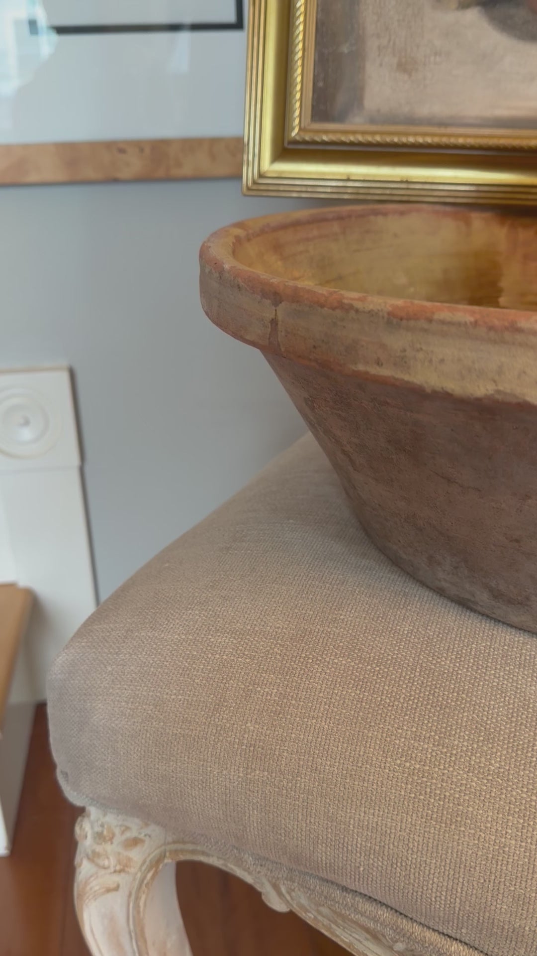 Antique French yellow glazed tian, Large